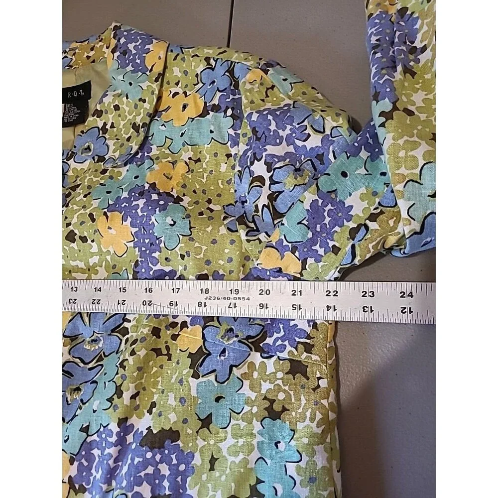 R.Q.T  Linen Blend Floral 70s Blazer Jacket Womens L Lined‎ Cottage Core Pockets